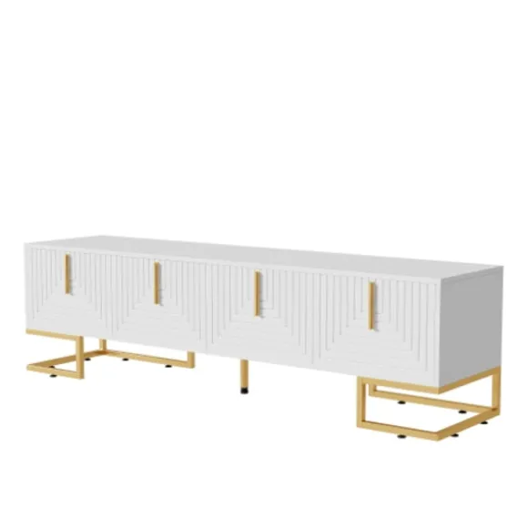 TV-skab med guldfarvede håndtag og fødder, lowboard med tekstureret låge, elegante TV-møbler, moderne White
