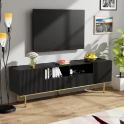 TV-skab med guldfødder og guldkant - Moderne TV-møbel med opbevaringsplads Black