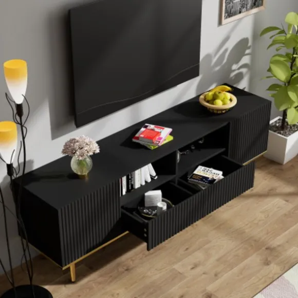 TV-skab med guldfødder og guldkant - Moderne TV-møbel med opbevaringsplads Black