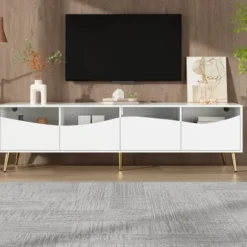 TV-skab med LED-belysning, 180x40x50 cm, lavt skænk med glasfront og guldfødder, opbevaringsplads, hvid White