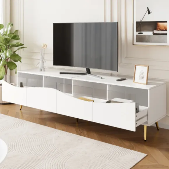 TV-skab med LED-belysning, 180x40x50 cm, lavt skænk med glasfront og guldfødder, opbevaringsplads, hvid White