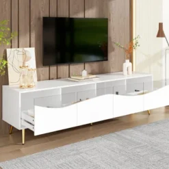 TV-skab med LED-belysning, 180x40x50 cm, lavt skænk med glasfront og guldfødder, opbevaringsplads, hvid White