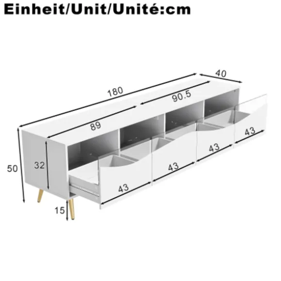 TV-skab med LED-belysning, 180x40x50 cm, lavt skænk med glasfront og guldfødder, opbevaringsplads, hvid White