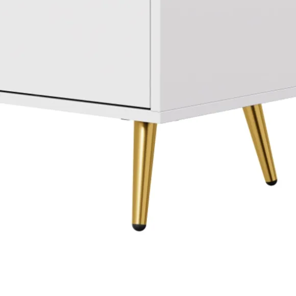 TV-skab med LED-belysning, 180x40x50 cm, lavt skænk med glasfront og guldfødder, opbevaringsplads, hvid White