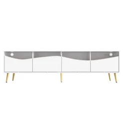 TV-skab med LED-belysning, 180x40x50 cm, lavt skænk med glasfront og guldfødder, opbevaringsplads, hvid White