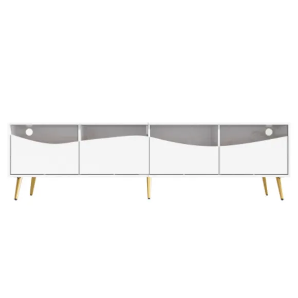 TV-skab med LED-belysning, 180x40x50 cm, lavt skænk med glasfront og guldfødder, opbevaringsplads, hvid White