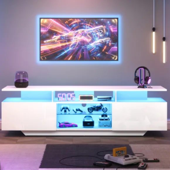 TV-skab med LED-lys, 160x40x45 cm, med 2 skabe & 8 hylder, til TV op til 70 tommer, højglans White