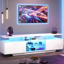 TV-skab med LED-lys, 160x40x45 cm, med 2 skabe & 8 hylder, til TV op til 70 tommer, højglans White