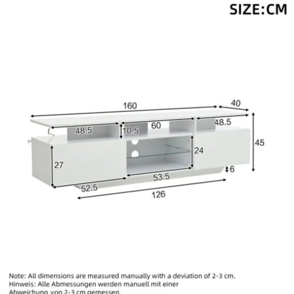 TV-skab med LED-lys, 160x40x45 cm, med 2 skabe & 8 hylder, til TV op til 70 tommer, højglans White