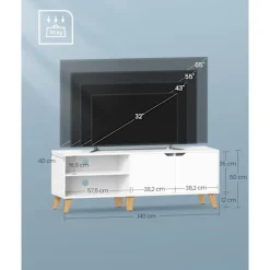 TV-skab til TV op til 65 tommer, 140 cm bredt TV-bord med 2 døre, hvid
