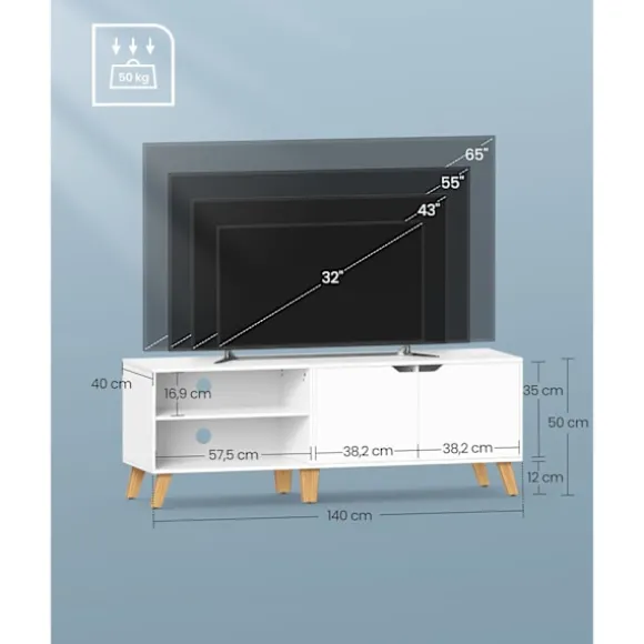 TV-skab til TV op til 65 tommer, 140 cm bredt TV-bord med 2 døre, hvid