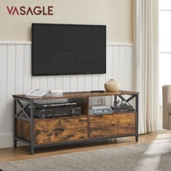 TV-skab, TV-møbel til 55-tommers TV, 2 opbevaringshylder, 120 x 40 x 50 cm, brun og sort
