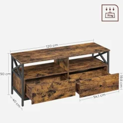 TV-skab, TV-møbel til 55-tommers TV, 2 opbevaringshylder, 120 x 40 x 50 cm, brun og sort
