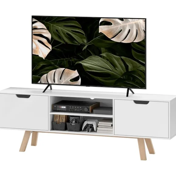 TV-skab, TV-stander til fjernsyn op til 65 tommer, lowboard med 2 skabe og 2 hylder, TV-skab til stue, 150 x 39 x 50 cm hvid