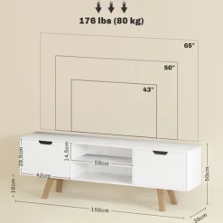 TV-skab, TV-stander til fjernsyn op til 65 tommer, lowboard med 2 skabe og 2 hylder, TV-skab til stue, 150 x 39 x 50 cm hvid