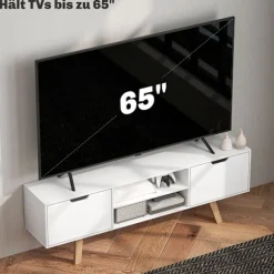 TV-skab, TV-stander til fjernsyn op til 65 tommer, lowboard med 2 skabe og 2 hylder, TV-skab til stue, 150 x 39 x 50 cm hvid