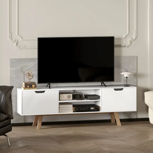 TV-skab, TV-stander til fjernsyn op til 65 tommer, lowboard med 2 skabe og 2 hylder, TV-skab til stue, 150 x 39 x 50 cm hvid