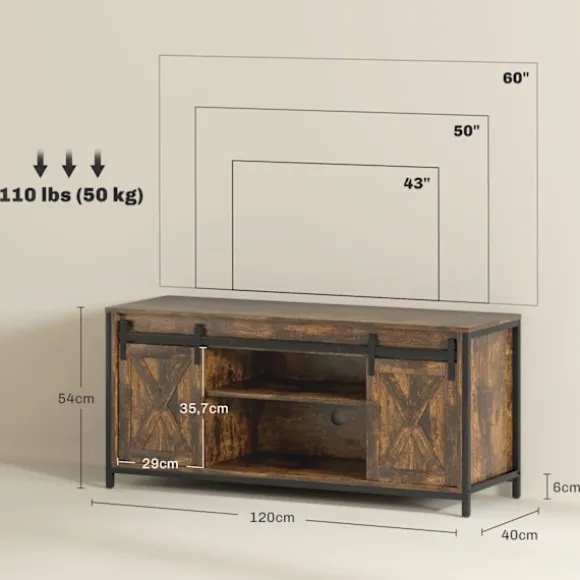 Tv-skab, tv-stander til fjernsyn op til 60 tommer, lowboard med 2 skabe og 2 hylder, tv-møbel til stue, 120 x 40 x 54 cm brun
