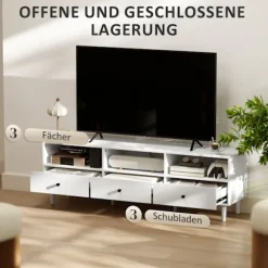 Tv-skab Tv-tavle med skuffer, 3 åbne rum 140 cm lang tv-lowboard med kabelstyring til tv op til 75 tommer tv-bord til stue hvid 140x34x45cm Aosom