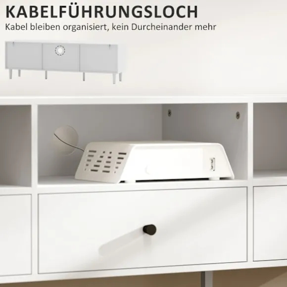Tv-skab Tv-tavle med skuffer, 3 åbne rum 140 cm lang tv-lowboard med kabelstyring til tv op til 75 tommer tv-bord til stue hvid 140x34x45cm Aosom