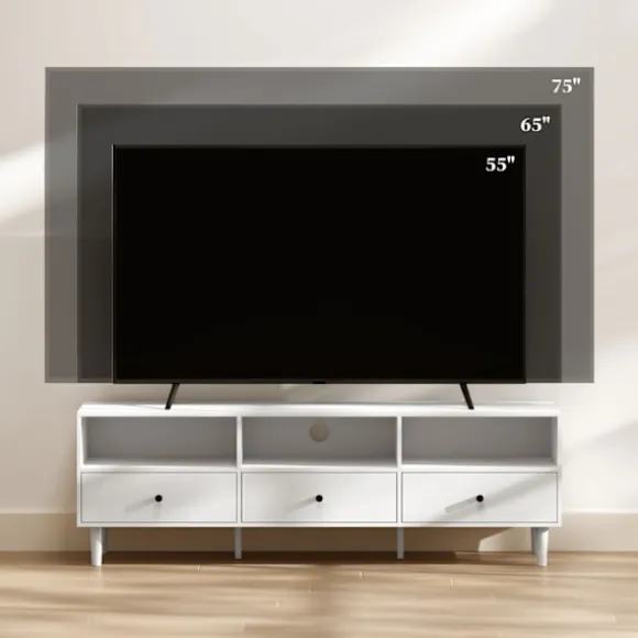Tv-skab Tv-tavle med skuffer, 3 åbne rum 140 cm lang tv-lowboard med kabelstyring til tv op til 75 tommer tv-bord til stue hvid 140x34x45cm Aosom