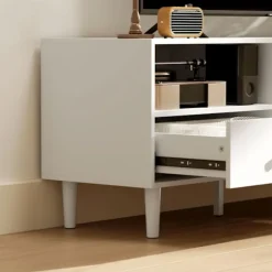 Tv-skab Tv-tavle med skuffer, 3 åbne rum 140 cm lang tv-lowboard med kabelstyring til tv op til 75 tommer tv-bord til stue hvid 140x34x45cm Aosom