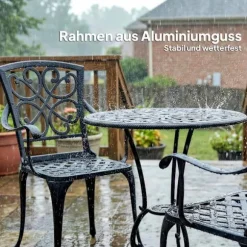 Udendørs bistrosæt, støbt aluminium, bord og 2 stole, sort