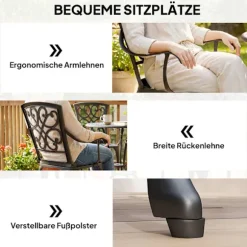Udendørs bistrosæt, støbt aluminium, bord og 2 stole, sort