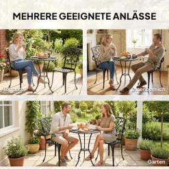 Udendørs bistrosæt, støbt aluminium, bord og 2 stole, sort