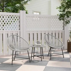 Udendørs terrassesæt – 2 rattanstole, glasbord, stålramme