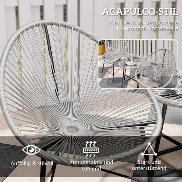 Udendørs terrassesæt – 2 rattanstole, glasbord, stålramme