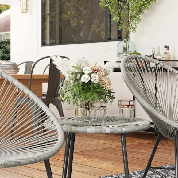 Udendørs terrassesæt – 2 rattanstole, glasbord, stålramme