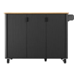Udtrækkelig køkkenø med hjul | Køkkenvogn 130x45(75)x92cm | Med krydderihylde, håndklædeholder & 3 døre | Hvid/Sort træstruktur Black
