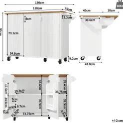 Udtrækkelig køkkenø med træstruktur og hjul | Køkkenvogn 130x45(75)x92cm | Med krydderihylde, håndklædeholder og 3 låger | Hvid/Sort White