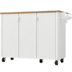 Udtrækkelig køkkenø med træstruktur og hjul | Køkkenvogn 130x45(75)x92cm | Med krydderihylde, håndklædeholder og 3 låger | Hvid/Sort White