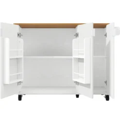 Udtrækkelig køkkenø med træstruktur og hjul | Køkkenvogn 130x45(75)x92cm | Med krydderihylde, håndklædeholder og 3 låger | Hvid/Sort White