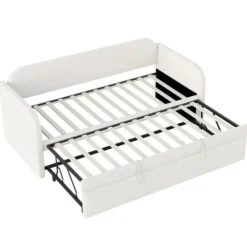 Udtrækkelig polstret seng 90/180x190 cm - Med lamelbund, lodrette striber & linnedstof, beige White