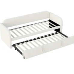 Udtrækkelig polstret seng 90/180x190 cm - Med lamelbund, lodrette striber & linnedstof, beige White