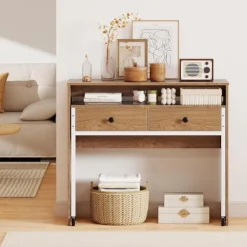 Udtrækkeligt skrivebord med 2 skuffer & hjul, 100x63x88 cm