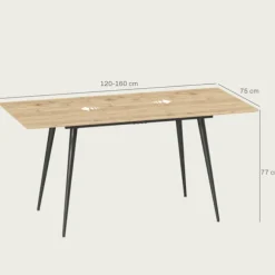 Udtrækkeligt spisebord 120/160 x 75 cm køkkenbord til 6-8 personer, moderne spisebord med stålben, natur