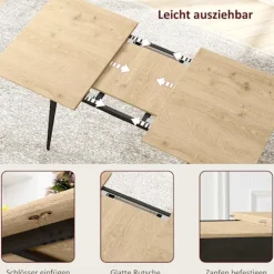 Udtrækkeligt spisebord 120/160 x 75 cm køkkenbord til 6-8 personer, moderne spisebord med stålben, natur