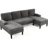 U-formet panoramisk sofa - COSTWAY - hjørnesofa - 5/6 pladser, 2 faste chaiselonger i chenille-stof med 4 grå puder