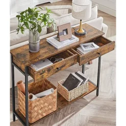 Vasagle - konsolbord, entrebord, sidebord, sofabord med 2 skuffer, brun/sort