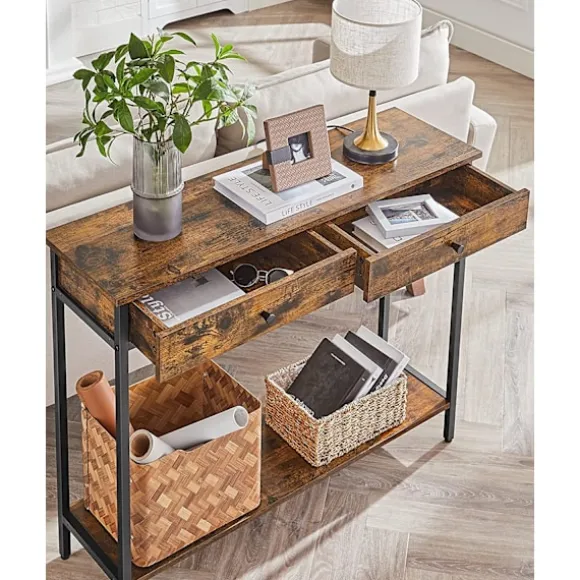 Vasagle - konsolbord, entrebord, sidebord, sofabord med 2 skuffer, brun/sort