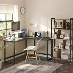 VASAGLE Computerbord, L-formet skrivebord, med skærmstativ, sort