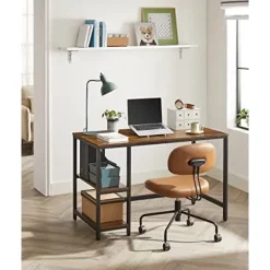 VASAGLE Computerbord, Skrivebord med 2 hylder, Stålramme, rustikbrun og sort