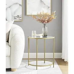 Vasagle rundt sidebord, hærdet glas sofabord med gylden metalram, lille sofabord, guld