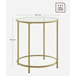 Vasagle rundt sidebord, hærdet glas sofabord med gylden metalram, lille sofabord, guld