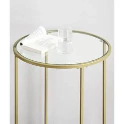 Vasagle rundt sidebord, hærdet glas sofabord med gylden metalram, lille sofabord, guld