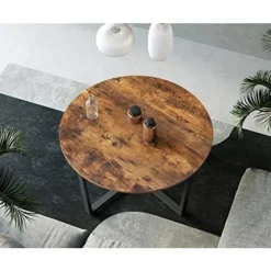 VASAGLE rundt sofabord, industriel stil cocktailbord, rustikt brunt og sort